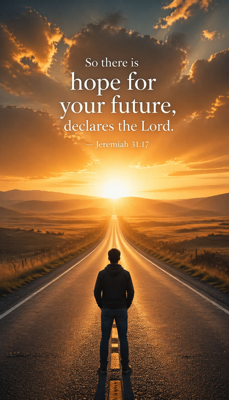 Man standing at beginning of wide open road looking toward distant bright golden horizon vast sky -- Jeremiah 31:17 hope future vertical wallpaper